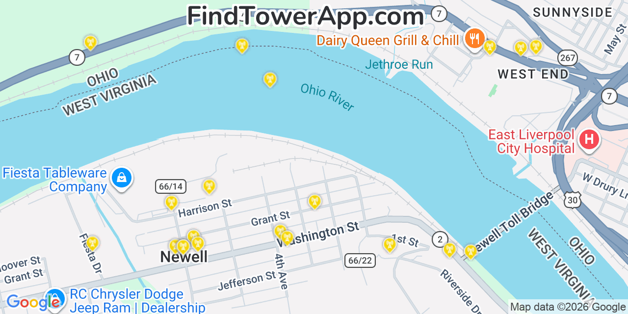 Map showing the 20 primary cell tower locations detected in Newell, West Virginia from AT&T, Verizon, and T-Mobile networks