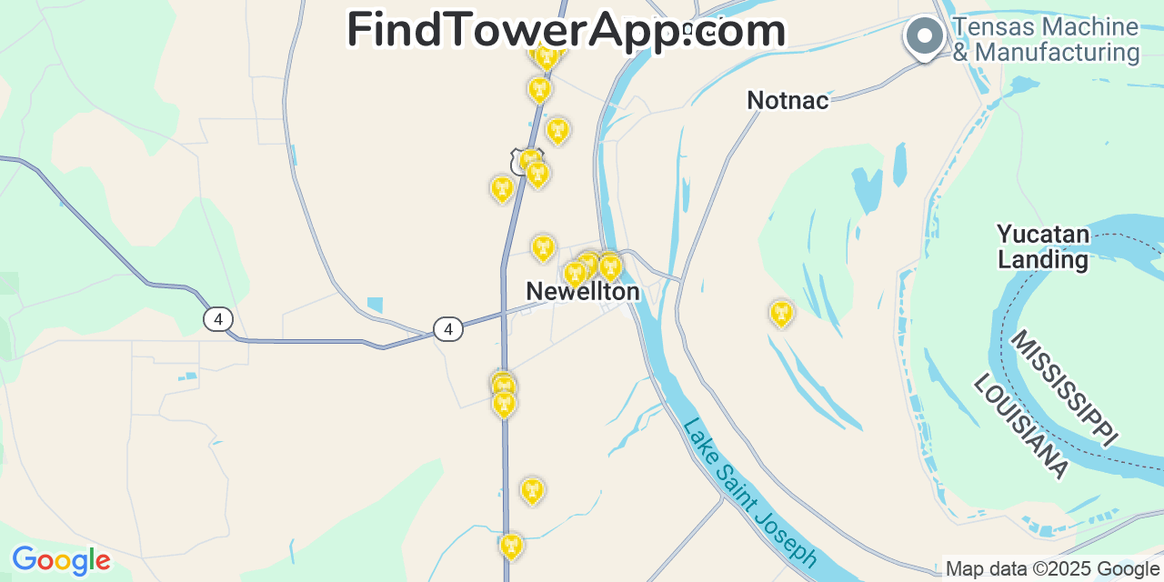 Map showing the 20 primary cell tower locations detected in Newellton, Louisiana from AT&T, Verizon, and T-Mobile networks