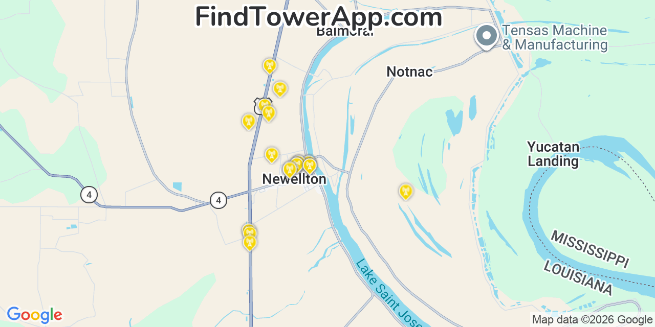 Map showing the 20 primary cell tower locations detected in Newellton, Louisiana from AT&T, Verizon, and T-Mobile networks