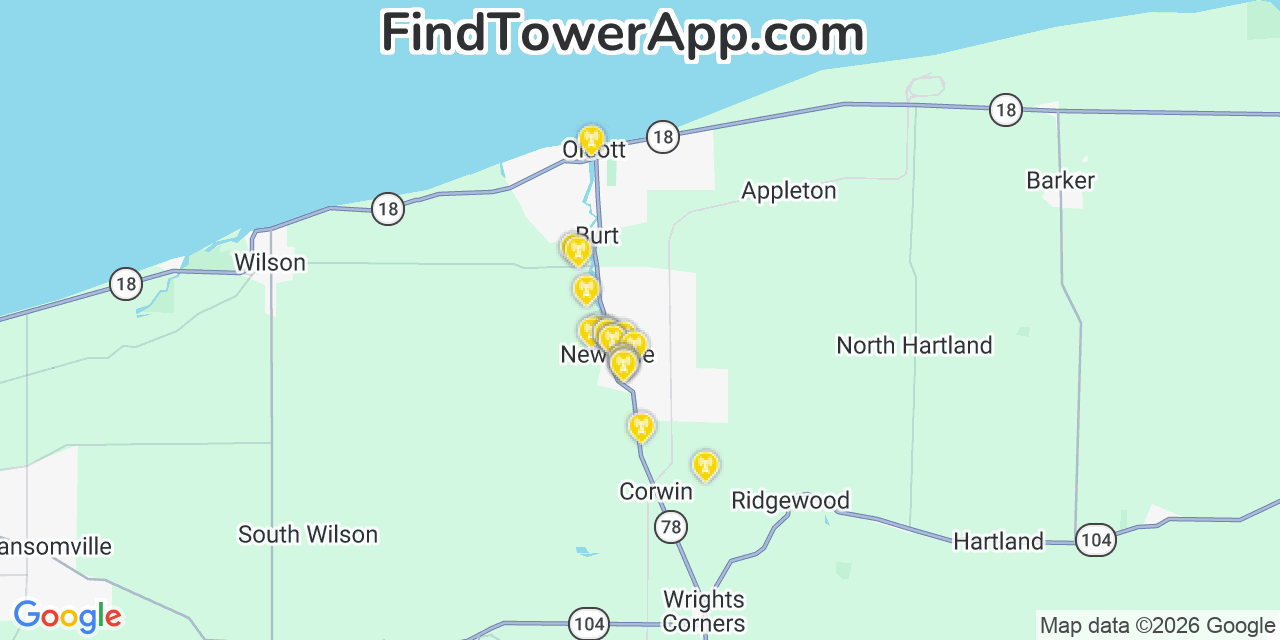 Map showing the 20 primary cell tower locations detected in Newfane, New York from AT&T, Verizon, and T-Mobile networks