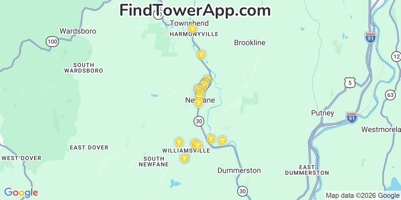 Map showing the 20 primary cell tower locations detected in Newfane, Vermont from AT&T, Verizon, and T-Mobile networks