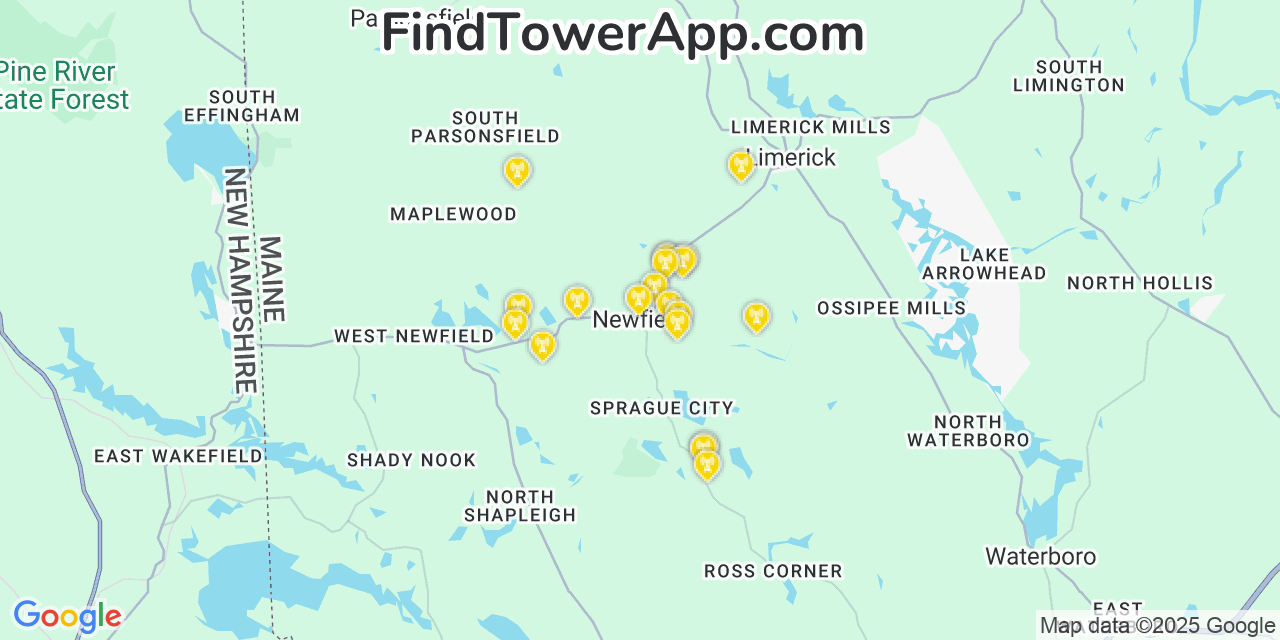Map showing the 20 primary cell tower locations detected in Newfield, Maine from AT&T, Verizon, and T-Mobile networks