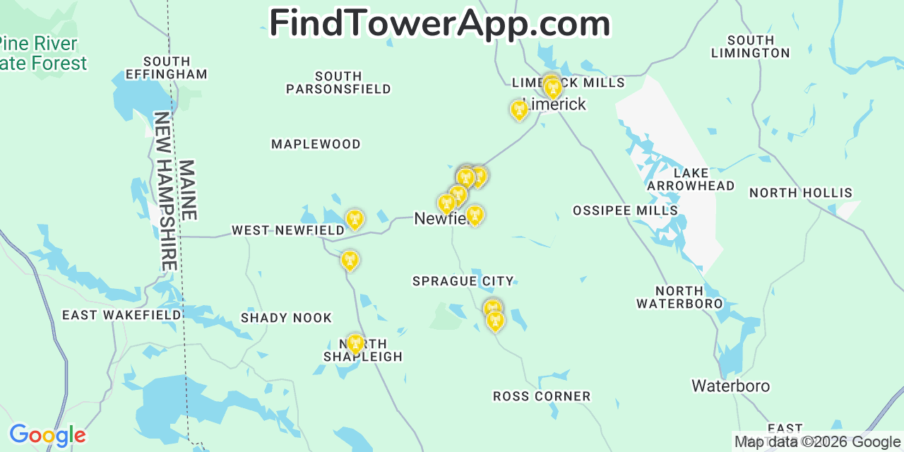 Map showing the 20 primary cell tower locations detected in Newfield, Maine from AT&T, Verizon, and T-Mobile networks