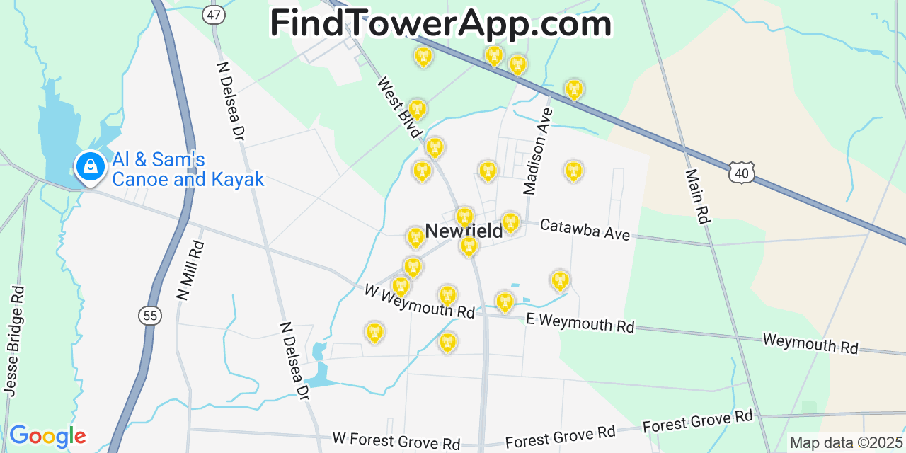 Map showing the 20 primary cell tower locations detected in Newfield, New Jersey from AT&T, Verizon, and T-Mobile networks