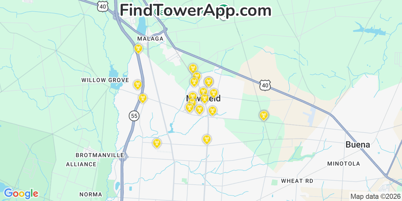 Map showing the 20 primary cell tower locations detected in Newfield, New Jersey from AT&T, Verizon, and T-Mobile networks