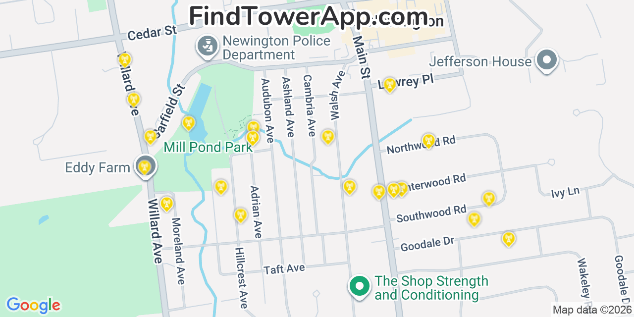 Map showing the 20 primary cell tower locations detected in Newington, Connecticut from AT&T, Verizon, and T-Mobile networks