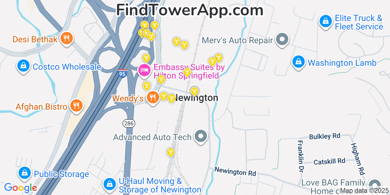 Map showing the 20 primary cell tower locations detected in Newington, Virginia from AT&T, Verizon, and T-Mobile networks