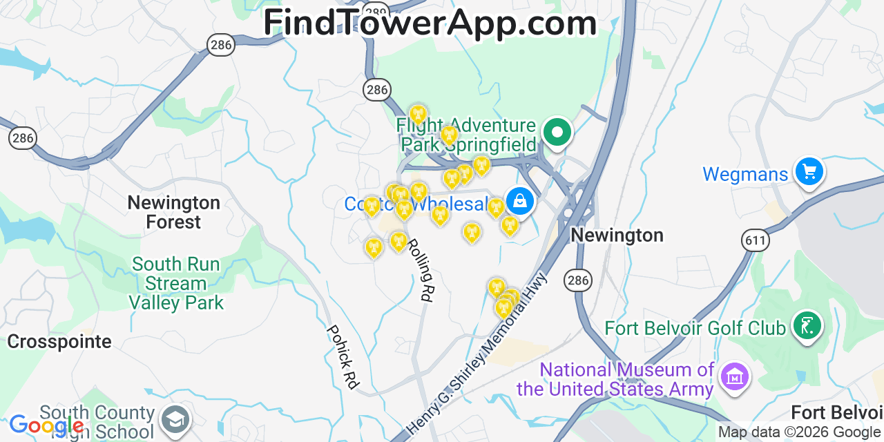 Map showing the 20 primary cell tower locations detected in Newington, Virginia from AT&T, Verizon, and T-Mobile networks