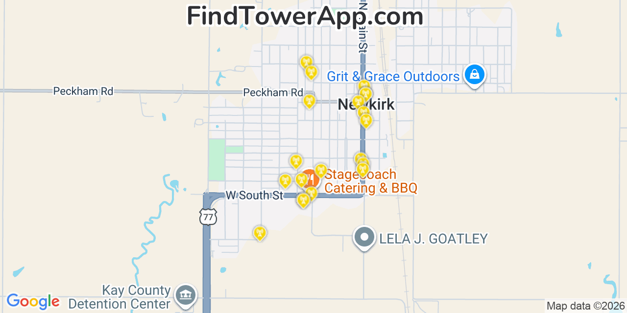 Map showing the 20 primary cell tower locations detected in Newkirk, Oklahoma from AT&T, Verizon, and T-Mobile networks