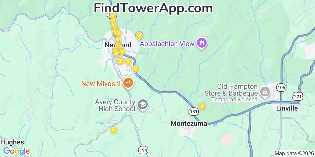 Map showing the 20 primary cell tower locations detected in Newland, North Carolina from AT&T, Verizon, and T-Mobile networks