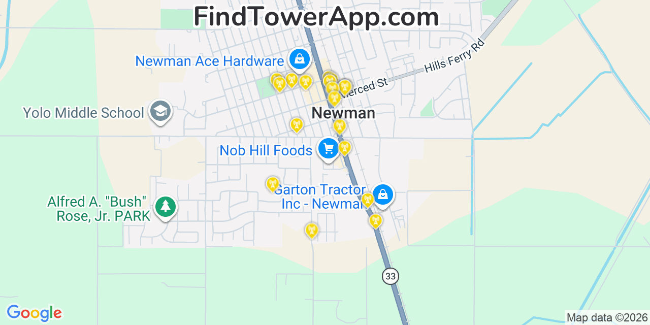 Map showing the 20 primary cell tower locations detected in Newman, California from AT&T, Verizon, and T-Mobile networks