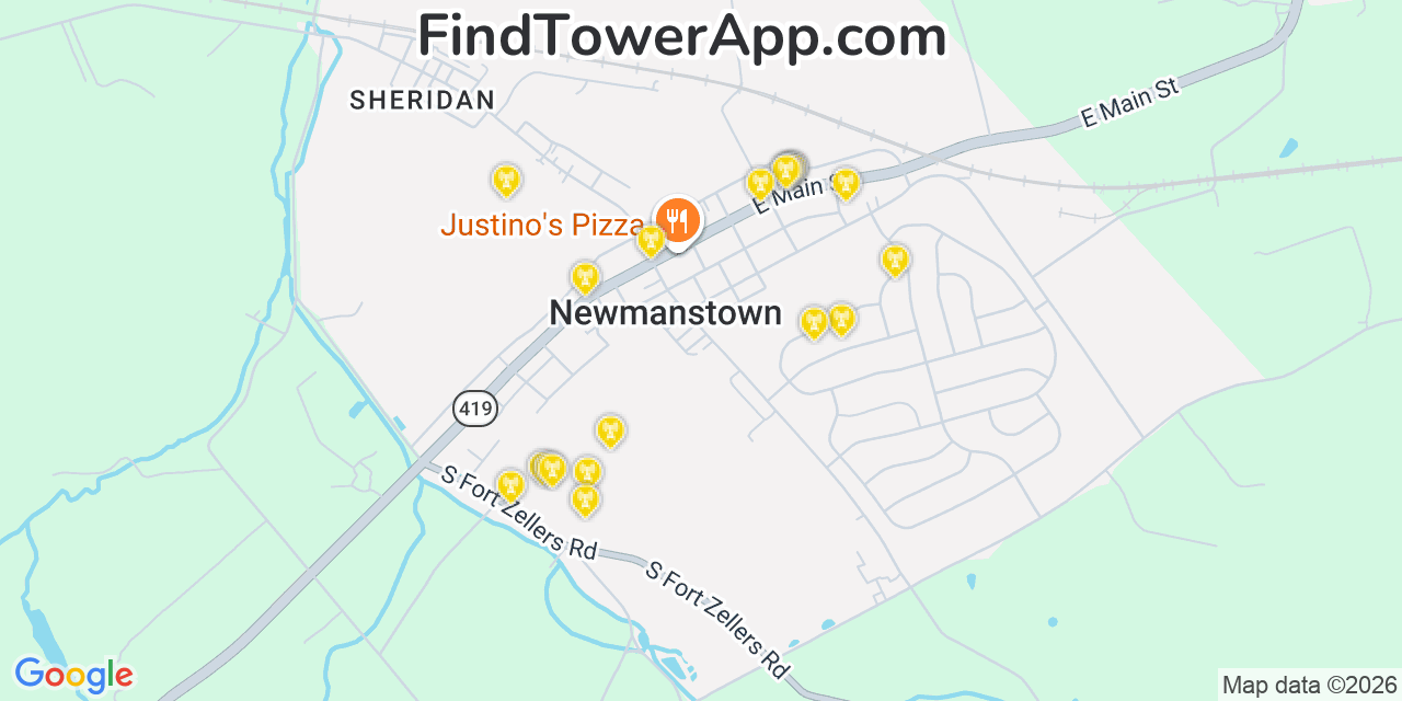 Map showing the 20 primary cell tower locations detected in Newmanstown, Pennsylvania from AT&T, Verizon, and T-Mobile networks