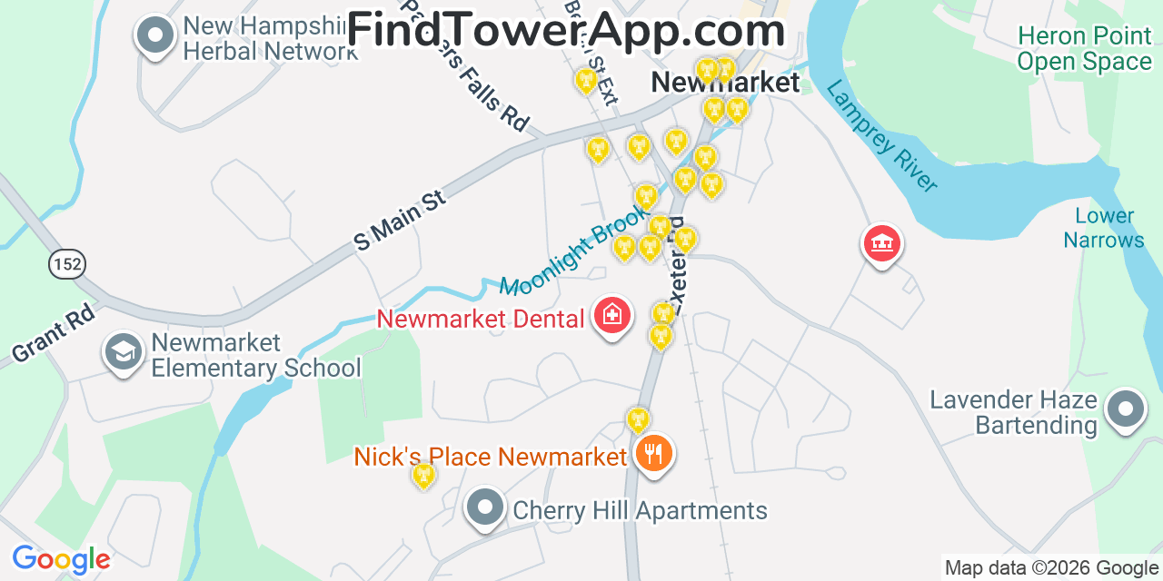 Map showing the 20 primary cell tower locations detected in Newmarket, New Hampshire from AT&T, Verizon, and T-Mobile networks