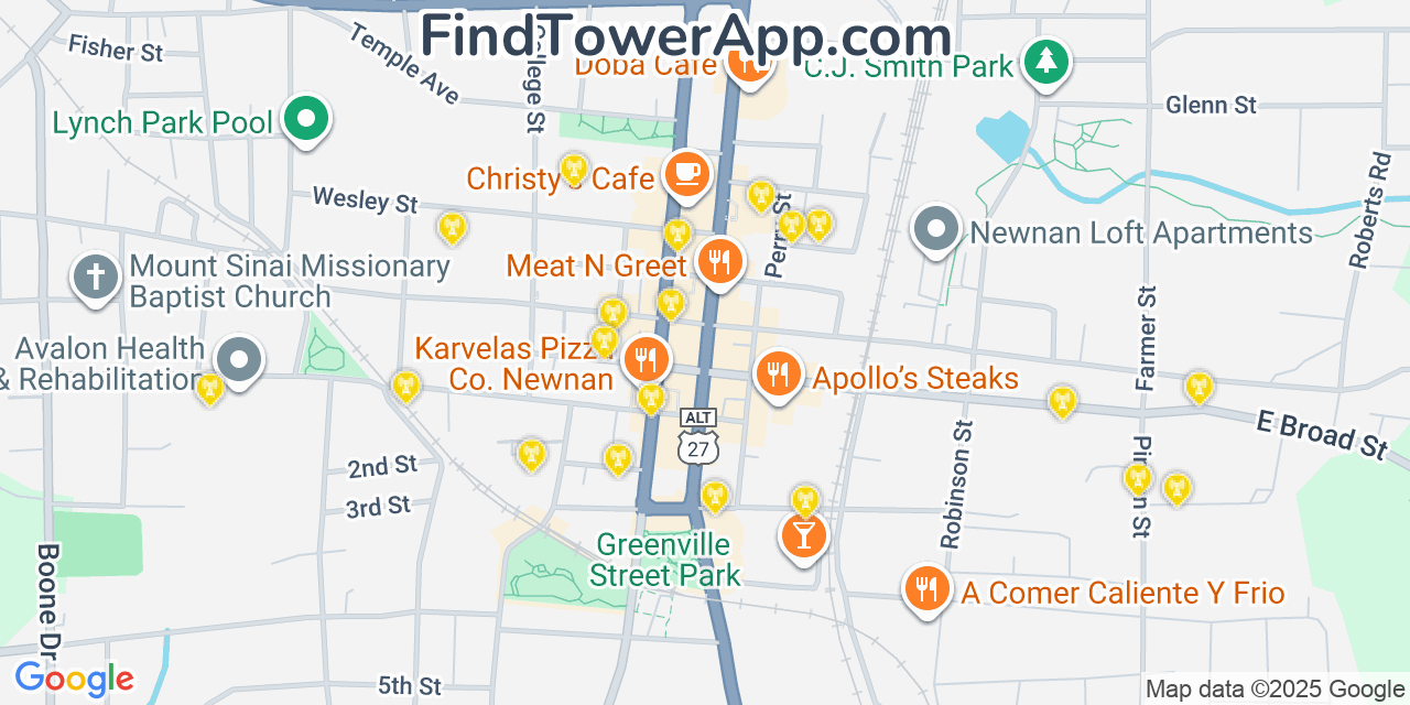 Map showing the 20 primary cell tower locations detected in Newnan, Georgia from AT&T, Verizon, and T-Mobile networks