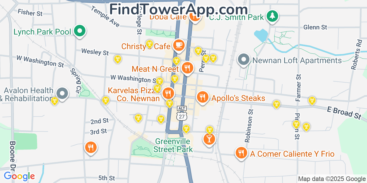 Map showing the 20 primary Mobitel cell tower locations detected in Newnan, Georgia with coverage radius and signal strength indicators