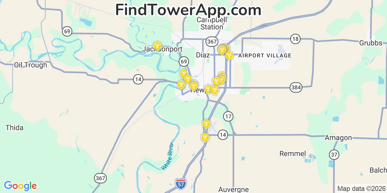 Map showing the 20 primary cell tower locations detected in Newport, Arkansas from AT&T, Verizon, and T-Mobile networks