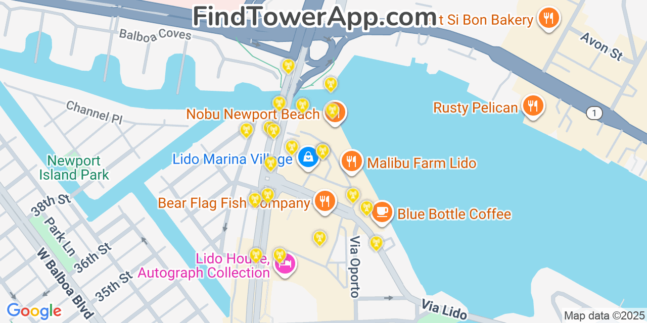 Map showing the 20 primary cell tower locations detected in Newport Beach, California from AT&T, Verizon, and T-Mobile networks