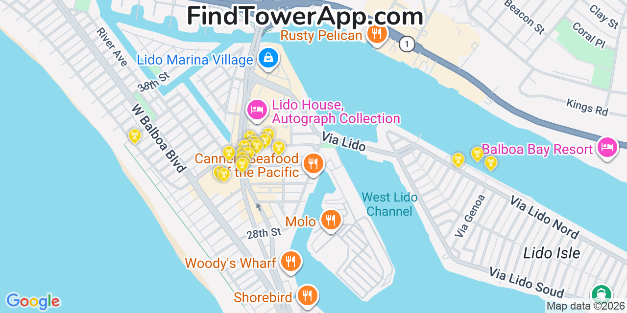 Map showing the 20 primary cell tower locations detected in Newport Beach, California from AT&T, Verizon, and T-Mobile networks