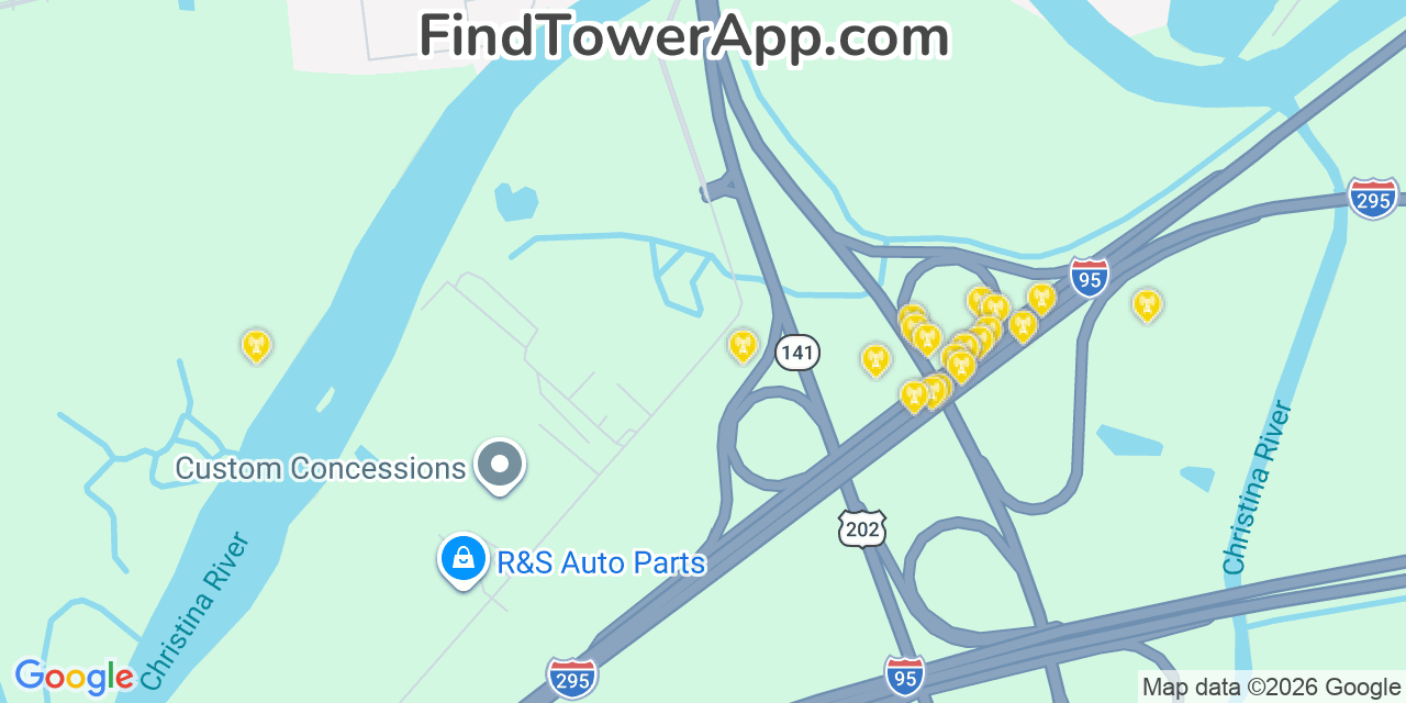Map showing the 20 primary cell tower locations detected in Newport, Delaware from AT&T, Verizon, and T-Mobile networks