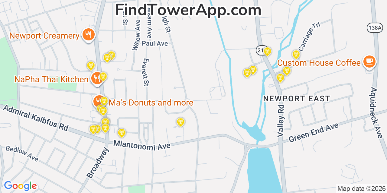 Map showing the 20 primary cell tower locations detected in Newport East, Rhode Island from AT&T, Verizon, and T-Mobile networks