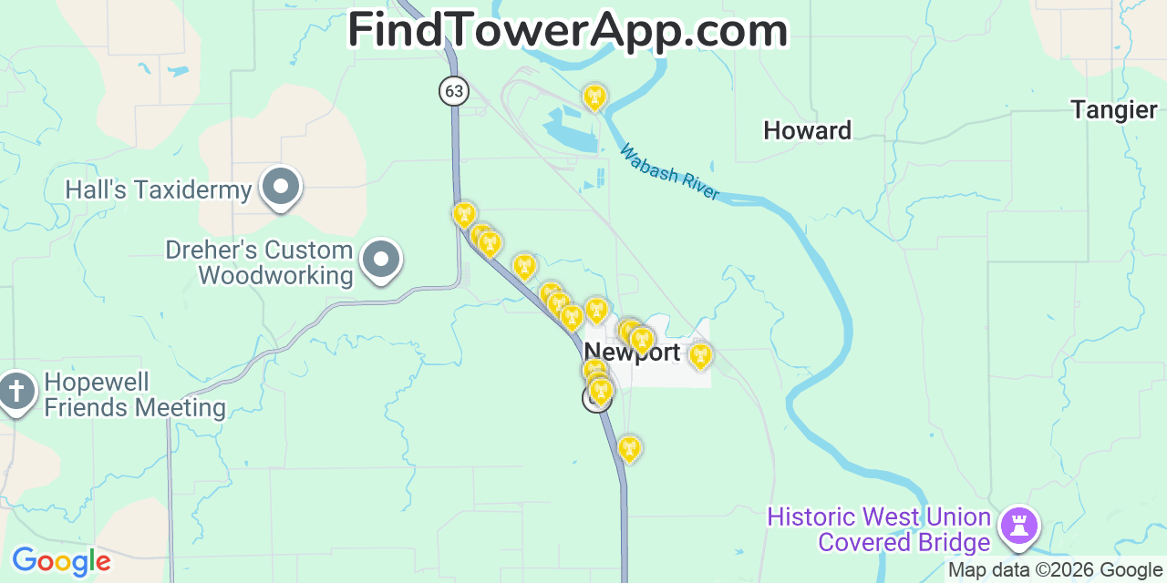 Map showing the 20 primary cell tower locations detected in Newport, Indiana from AT&T, Verizon, and T-Mobile networks