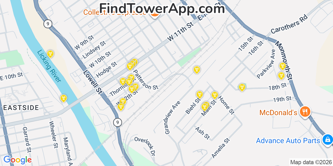 Map showing the 20 primary cell tower locations detected in Newport, Kentucky from AT&T, Verizon, and T-Mobile networks