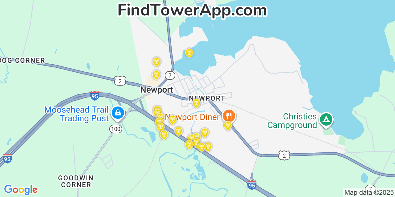 Map showing the 20 primary cell tower locations detected in Newport, Maine from AT&T, Verizon, and T-Mobile networks