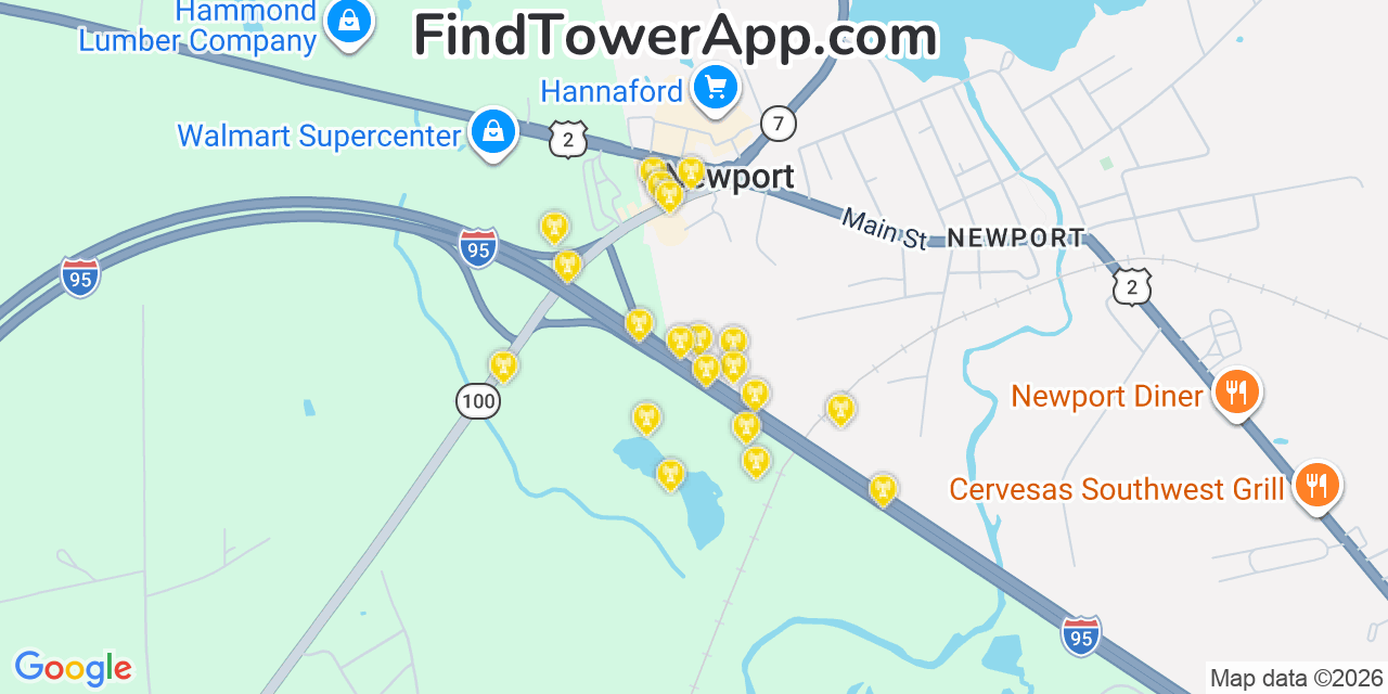 Map showing the 20 primary cell tower locations detected in Newport, Maine from AT&T, Verizon, and T-Mobile networks