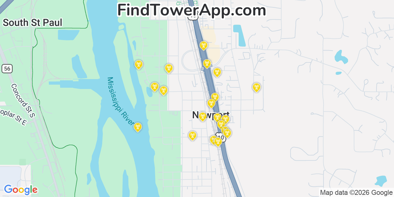 Map showing the 20 primary cell tower locations detected in Newport, Minnesota from AT&T, Verizon, and T-Mobile networks