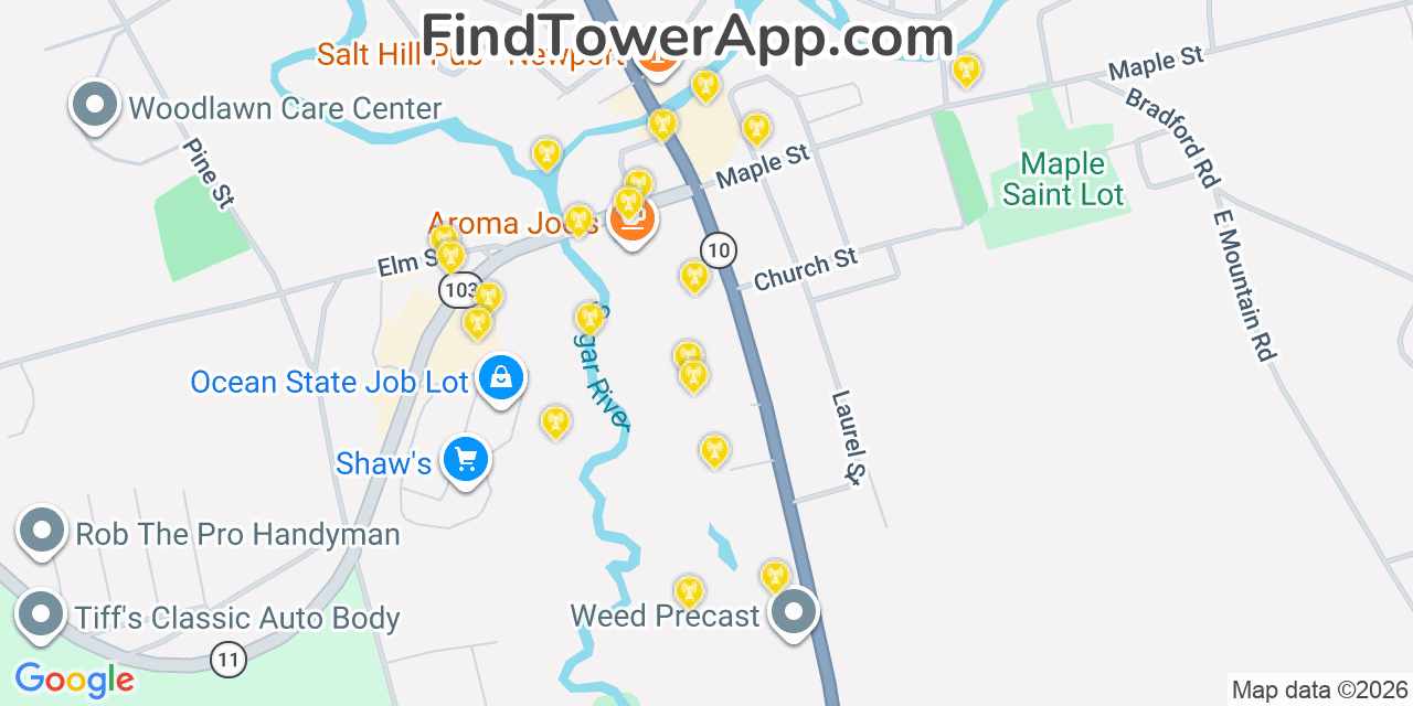 Map showing the 20 primary cell tower locations detected in Newport, New Hampshire from AT&T, Verizon, and T-Mobile networks