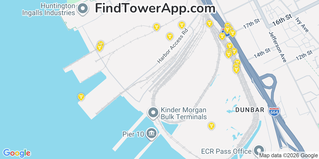 Map showing the 20 primary cell tower locations detected in Newport News, Virginia from AT&T, Verizon, and T-Mobile networks