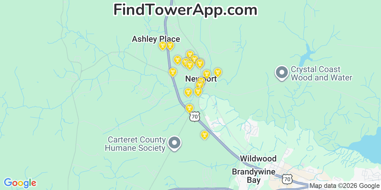 Map showing the 20 primary cell tower locations detected in Newport, North Carolina from AT&T, Verizon, and T-Mobile networks