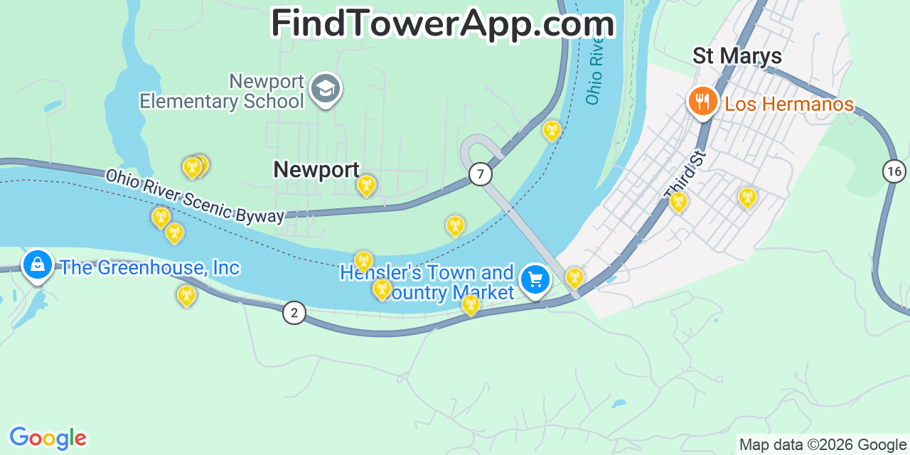 Map showing the 20 primary cell tower locations detected in Newport, Ohio from AT&T, Verizon, and T-Mobile networks