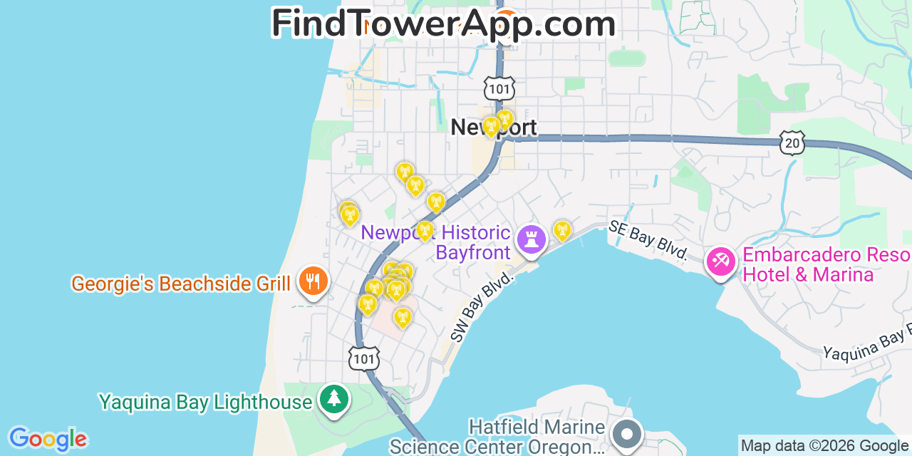Map showing the 20 primary cell tower locations detected in Newport, Oregon from AT&T, Verizon, and T-Mobile networks