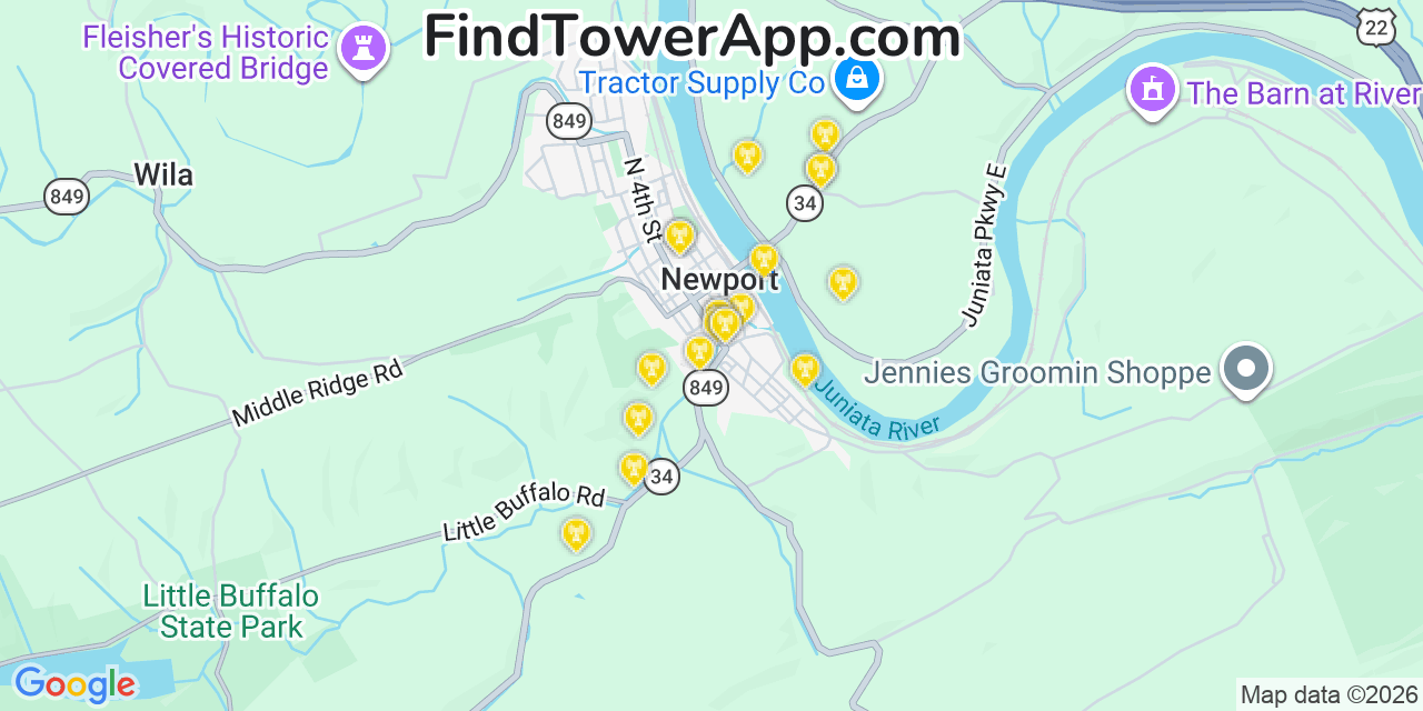 Map showing the 20 primary cell tower locations detected in Newport, Pennsylvania from AT&T, Verizon, and T-Mobile networks