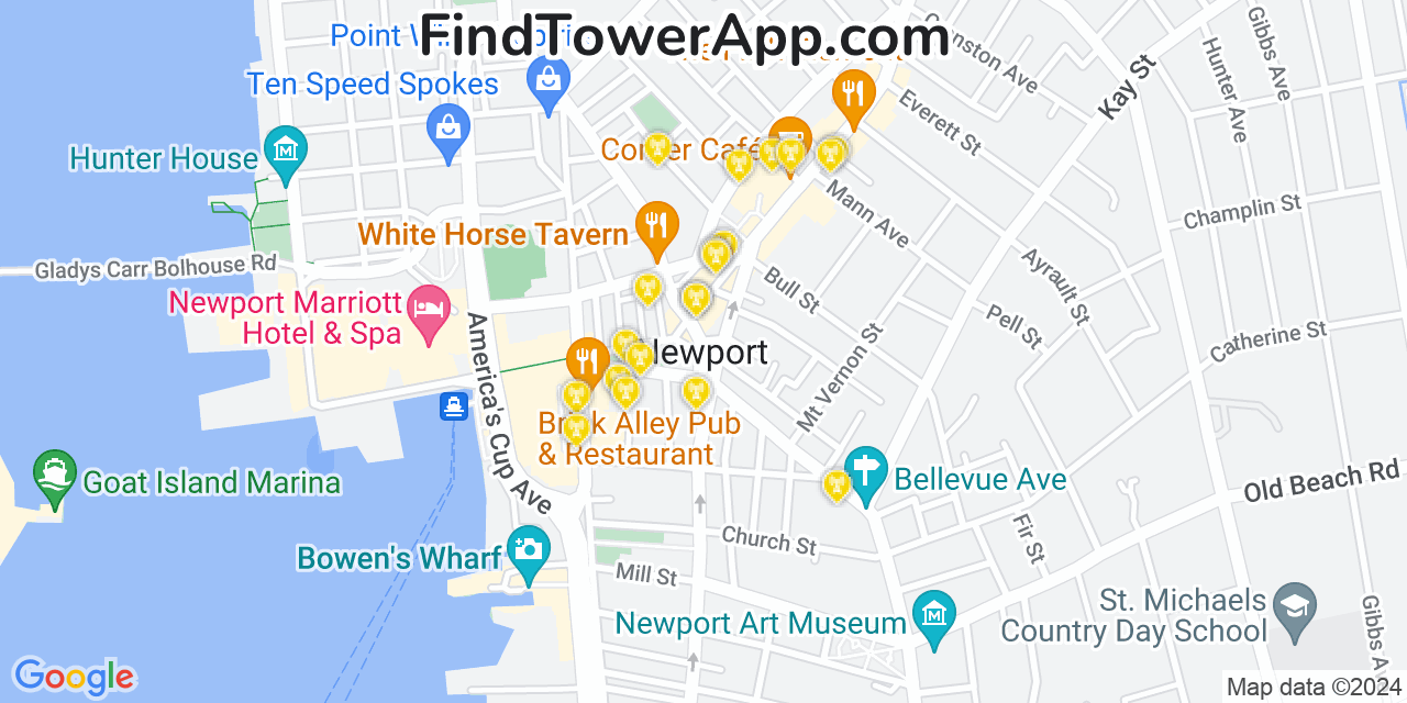 AT&T 4G/5G cell tower coverage map Newport, Rhode Island