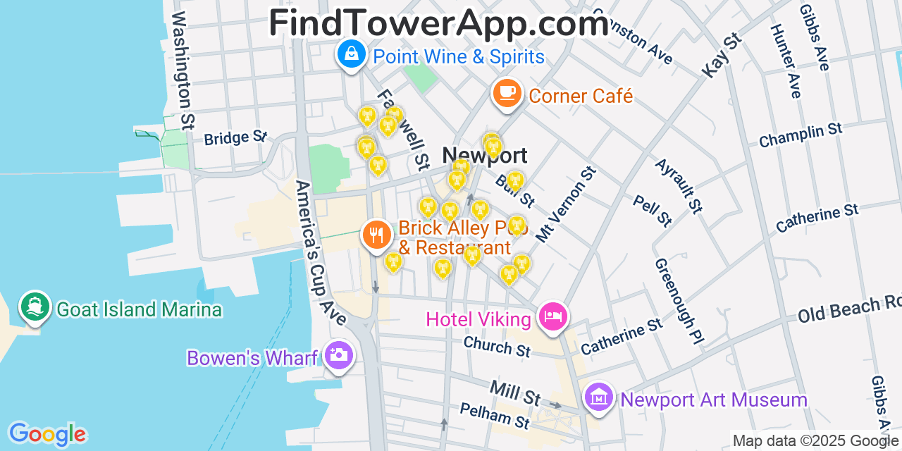 Map showing the 20 primary cell tower locations detected in Newport, Rhode Island from AT&T, Verizon, and T-Mobile networks