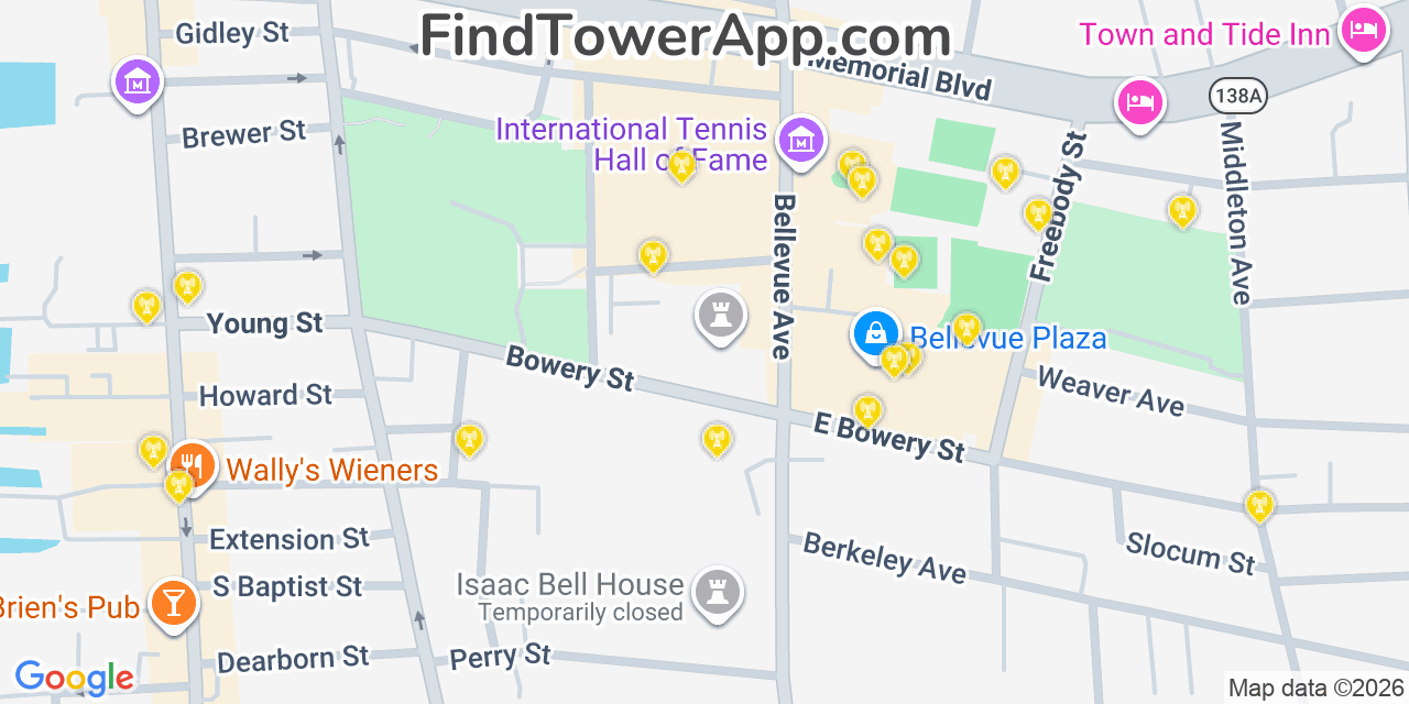 Map showing the 20 primary cell tower locations detected in Newport, Rhode Island from AT&T, Verizon, and T-Mobile networks
