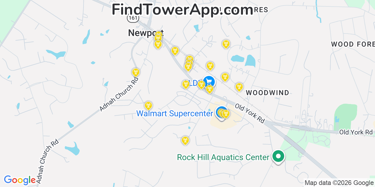 Map showing the 20 primary cell tower locations detected in Newport, South Carolina from AT&T, Verizon, and T-Mobile networks