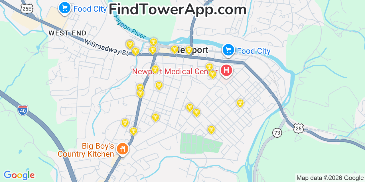 Map showing the 20 primary cell tower locations detected in Newport, Tennessee from AT&T, Verizon, and T-Mobile networks