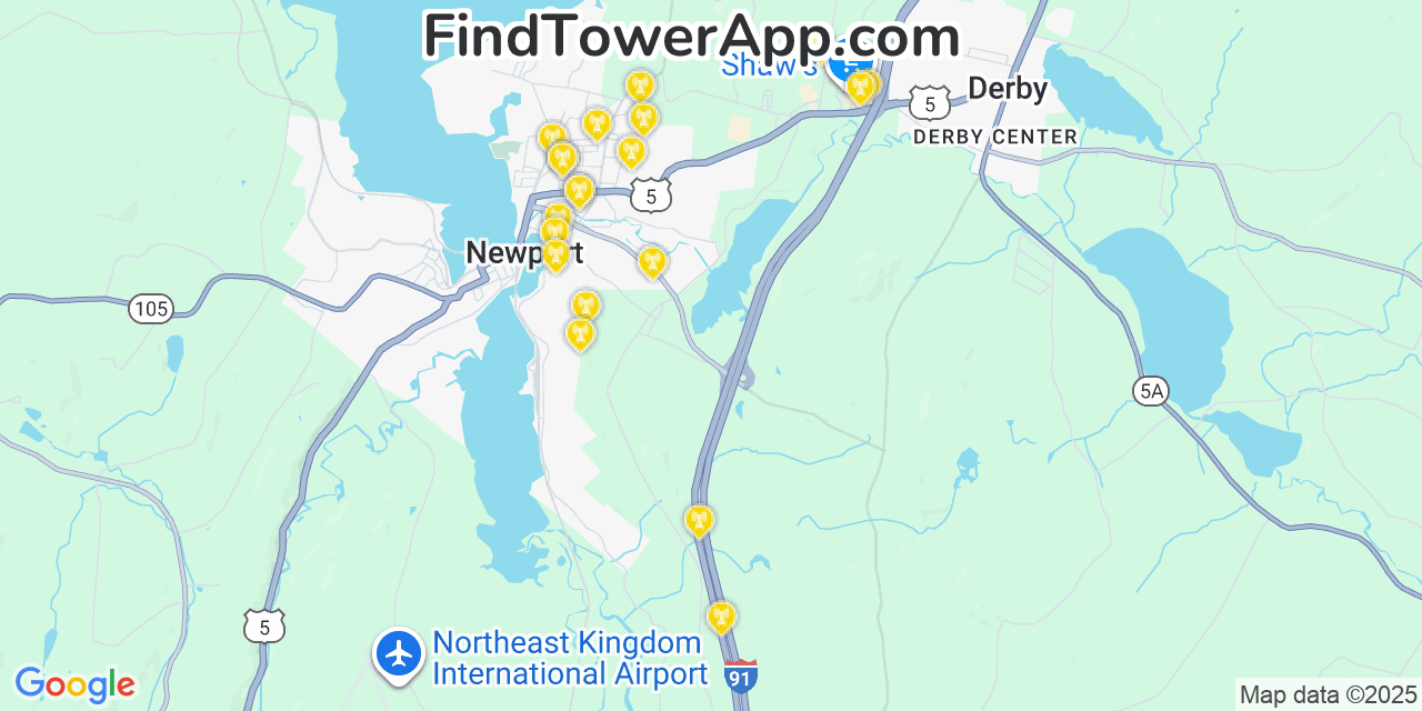 Map showing the 20 primary cell tower locations detected in Newport, Vermont from AT&T, Verizon, and T-Mobile networks