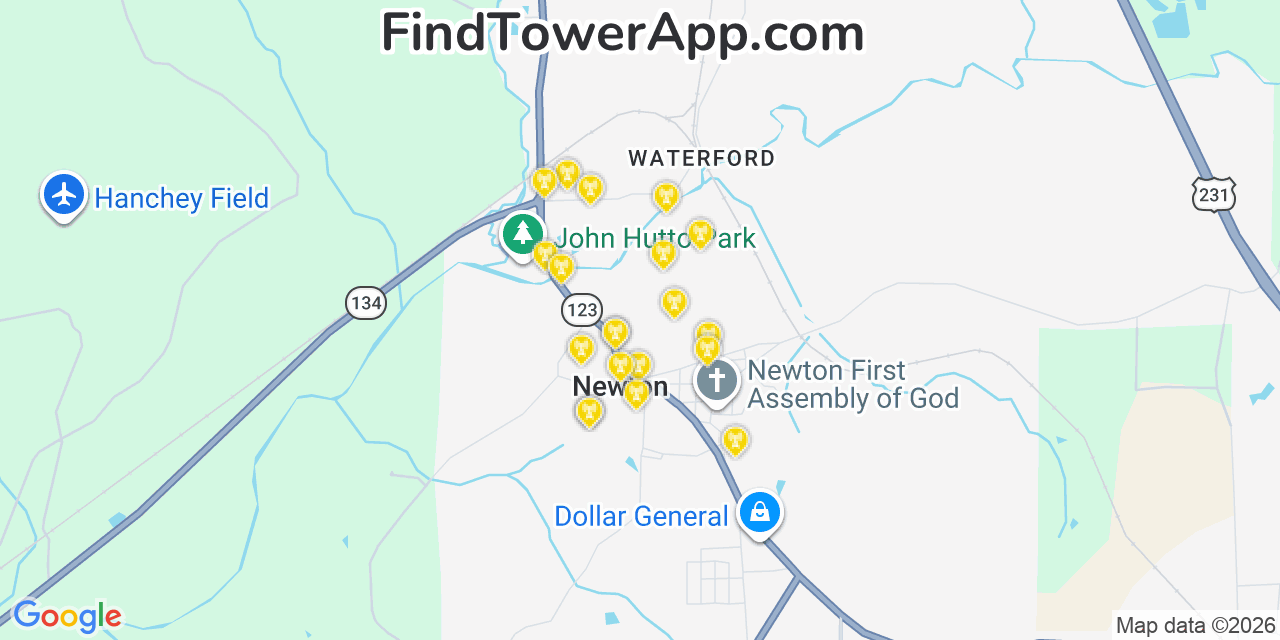 Map showing the 20 primary cell tower locations detected in Newton, Alabama from AT&T, Verizon, and T-Mobile networks