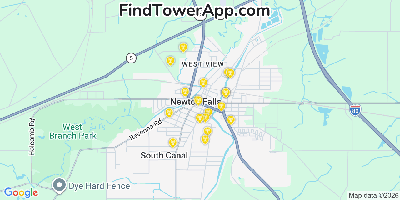 Map showing the 20 primary cell tower locations detected in Newton Falls, Ohio from AT&T, Verizon, and T-Mobile networks