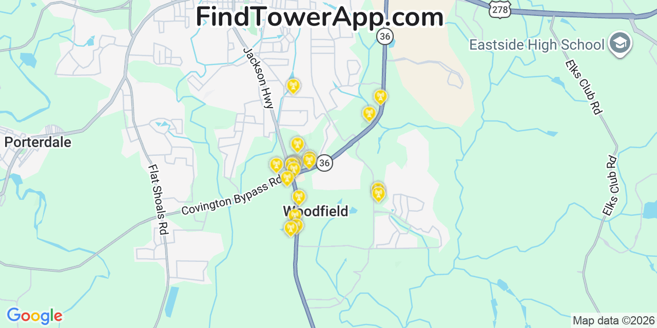 Map showing the 20 primary cell tower locations detected in Newton, Georgia from AT&T, Verizon, and T-Mobile networks