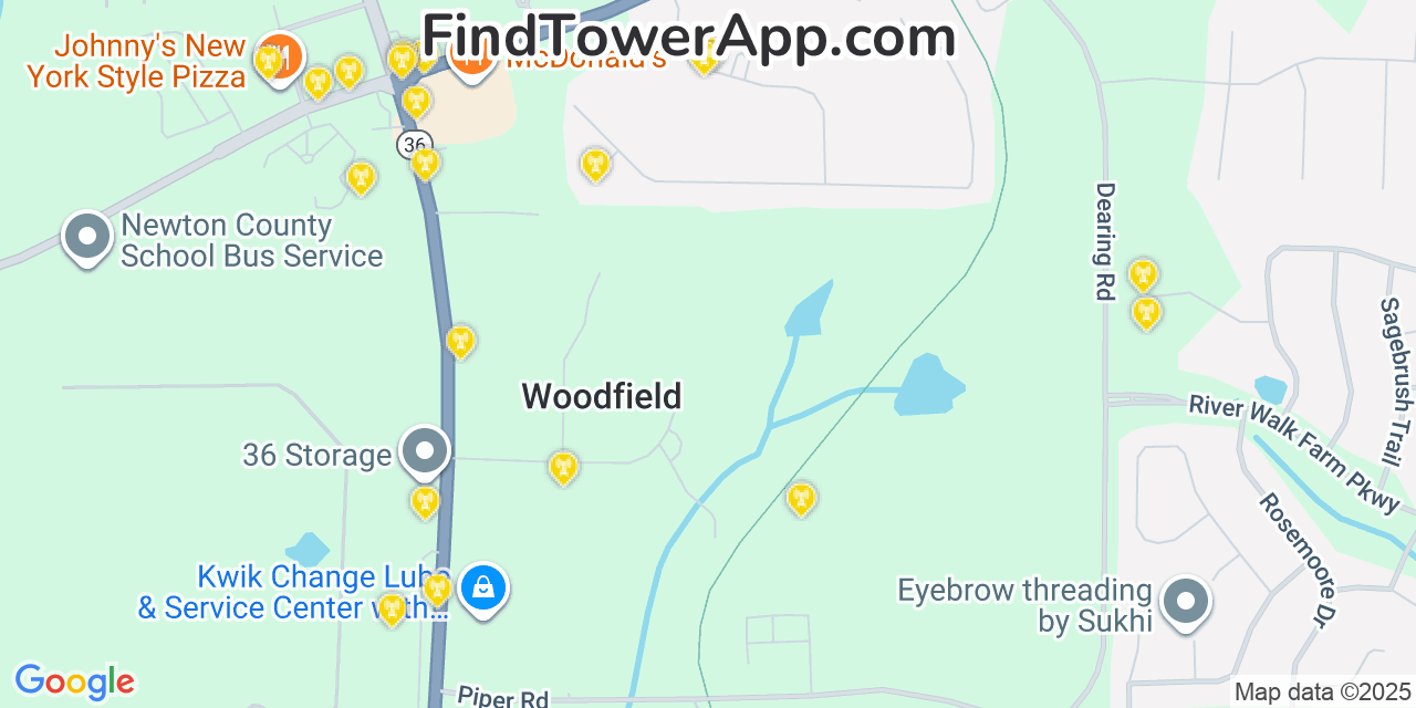 Map showing the 20 primary Mobitel cell tower locations detected in Newton, Georgia with coverage radius and signal strength indicators