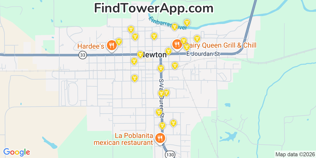 Map showing the 20 primary cell tower locations detected in Newton, Illinois from AT&T, Verizon, and T-Mobile networks