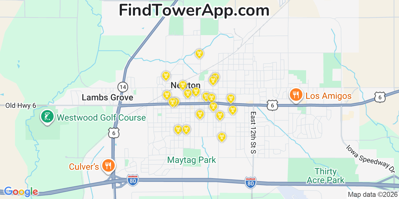 Map showing the 20 primary cell tower locations detected in Newton, Iowa from AT&T, Verizon, and T-Mobile networks