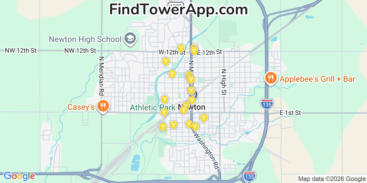 Map showing the 20 primary cell tower locations detected in Newton, Kansas from AT&T, Verizon, and T-Mobile networks
