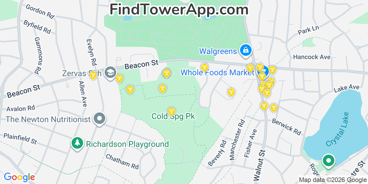 Map showing the 20 primary cell tower locations detected in Newton, Massachusetts from AT&T, Verizon, and T-Mobile networks