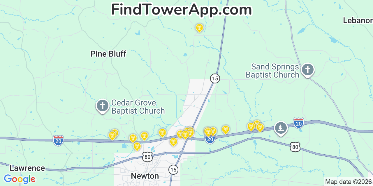 Map showing the 20 primary cell tower locations detected in Newton, Mississippi from AT&T, Verizon, and T-Mobile networks